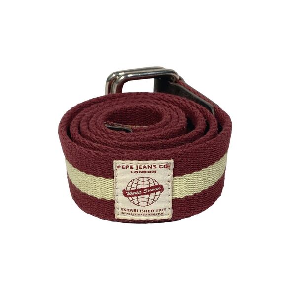 Pepe Jeans Co Mens Canvas Belt XL Red Color Block Stripe Leather Trim Casual - Picture 1 of 9
